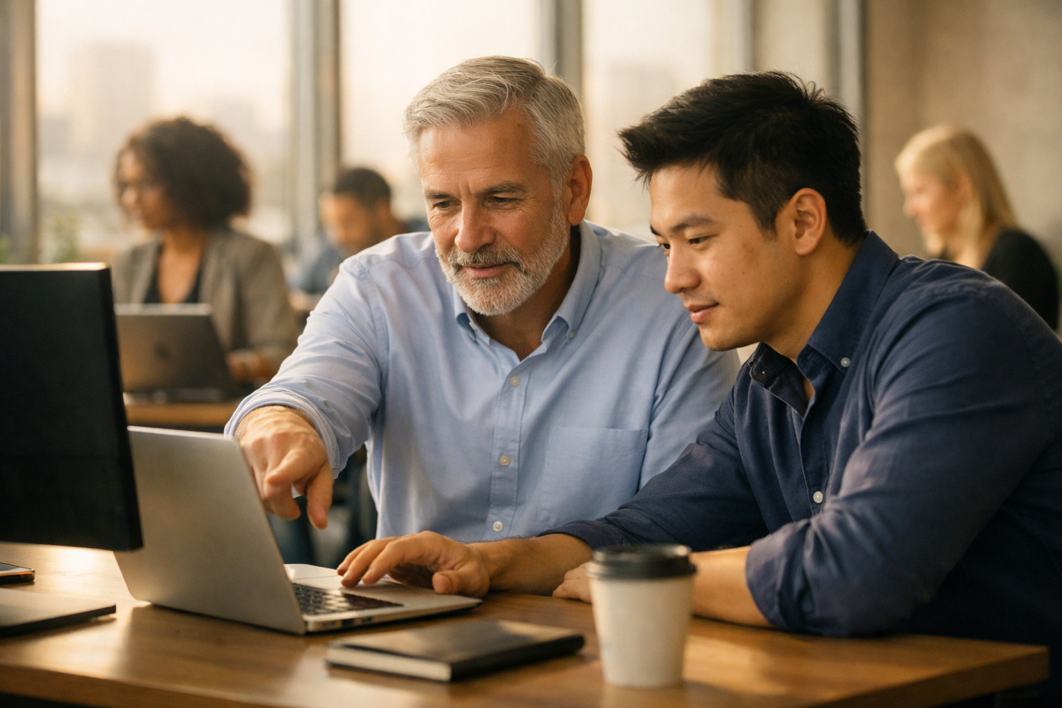 Two colleagues at a shared desk, one pointing at a laptop screen while the other works.