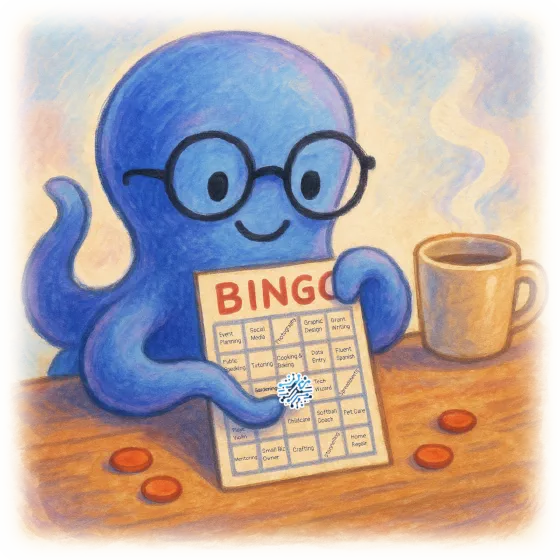 Hubble the octopus playing bingo with a cup of coffee