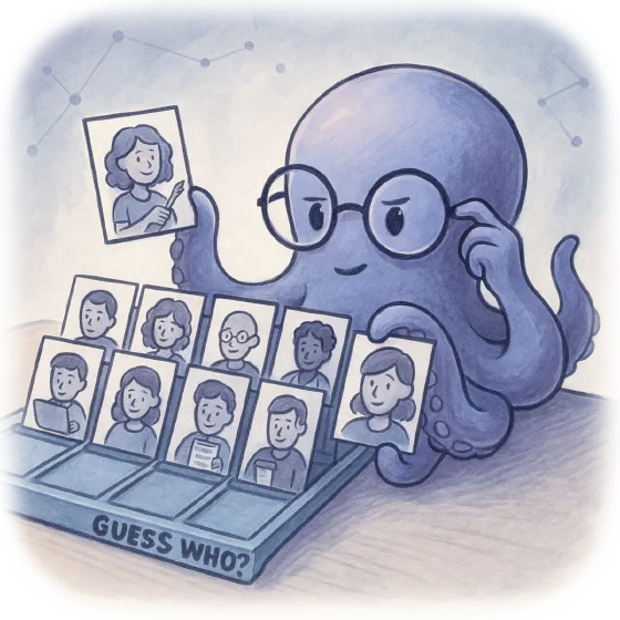 Hubble the octopus playing Guess Who with cards of people