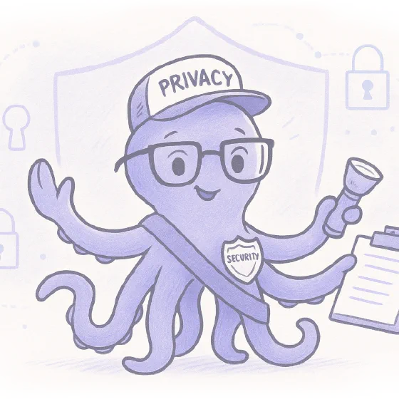 Hubble the octopus in a privacy cap with a security badge